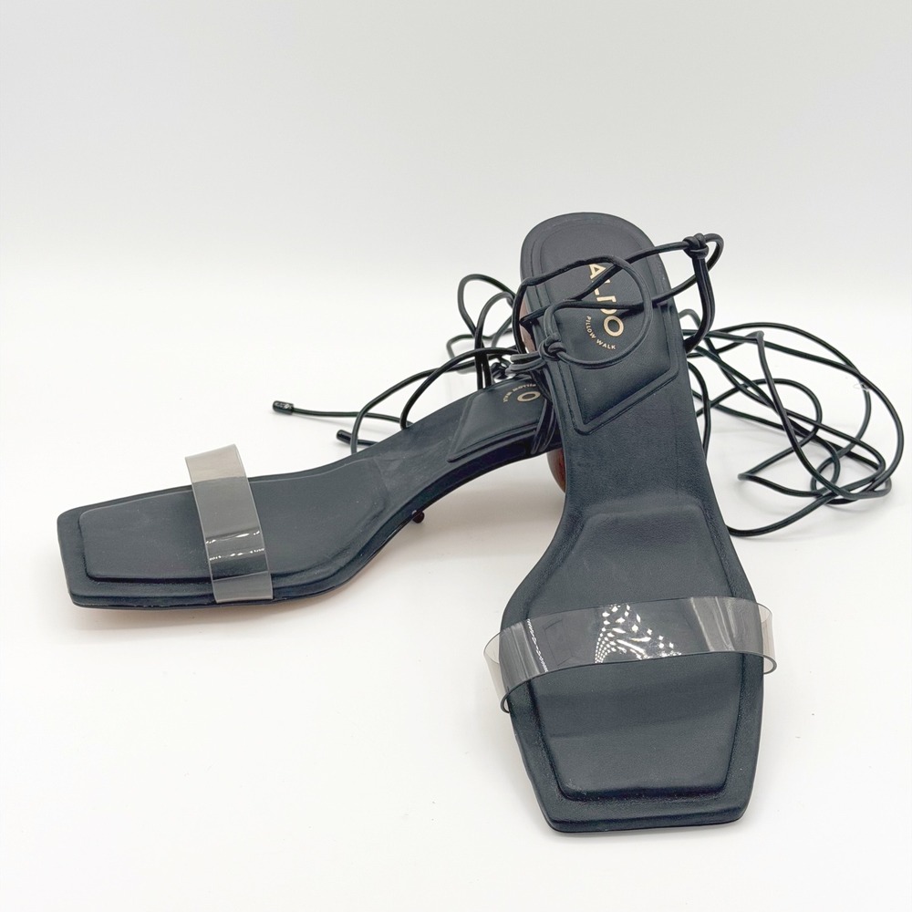ALDO Womens 8 Black Square Toe Clear Strap Lace Up Heels Sandal Shoes Retro‎ New